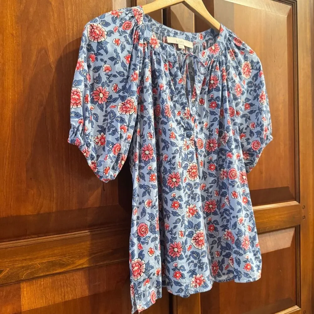 LOFT  Women's Floral Peasant Blouse Blue Pink Puff Sleeve Tie Neck Boho Top S
